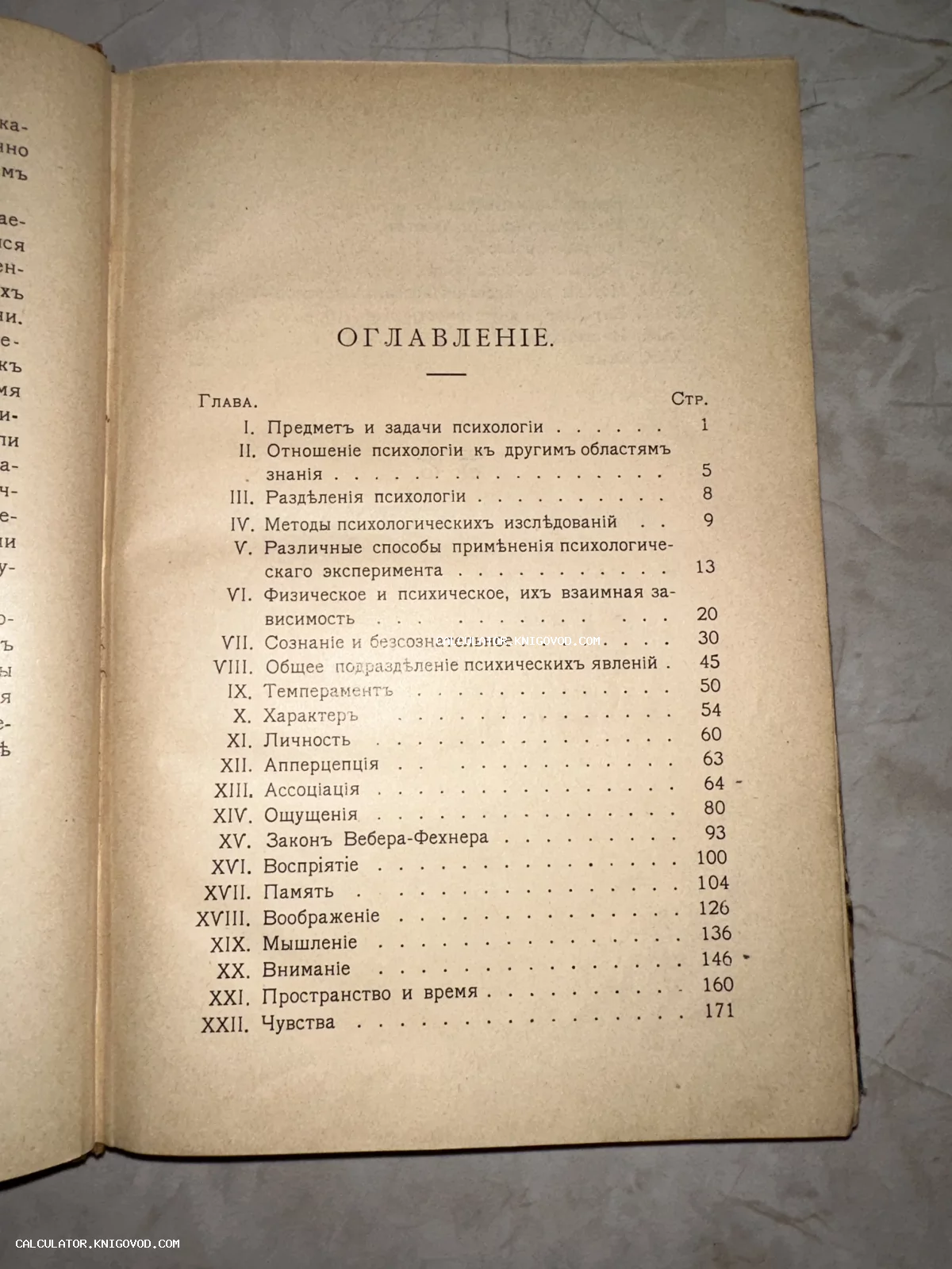 Страница оглавления антикварной книги по психологии на дореволюционном русском языке с перечнем глав.