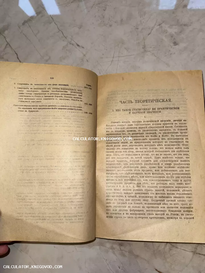 Разворот старинной книги с текстом на дореволюционном русском языке, раздел 'Часть теоретическая: Что такое статистика?'