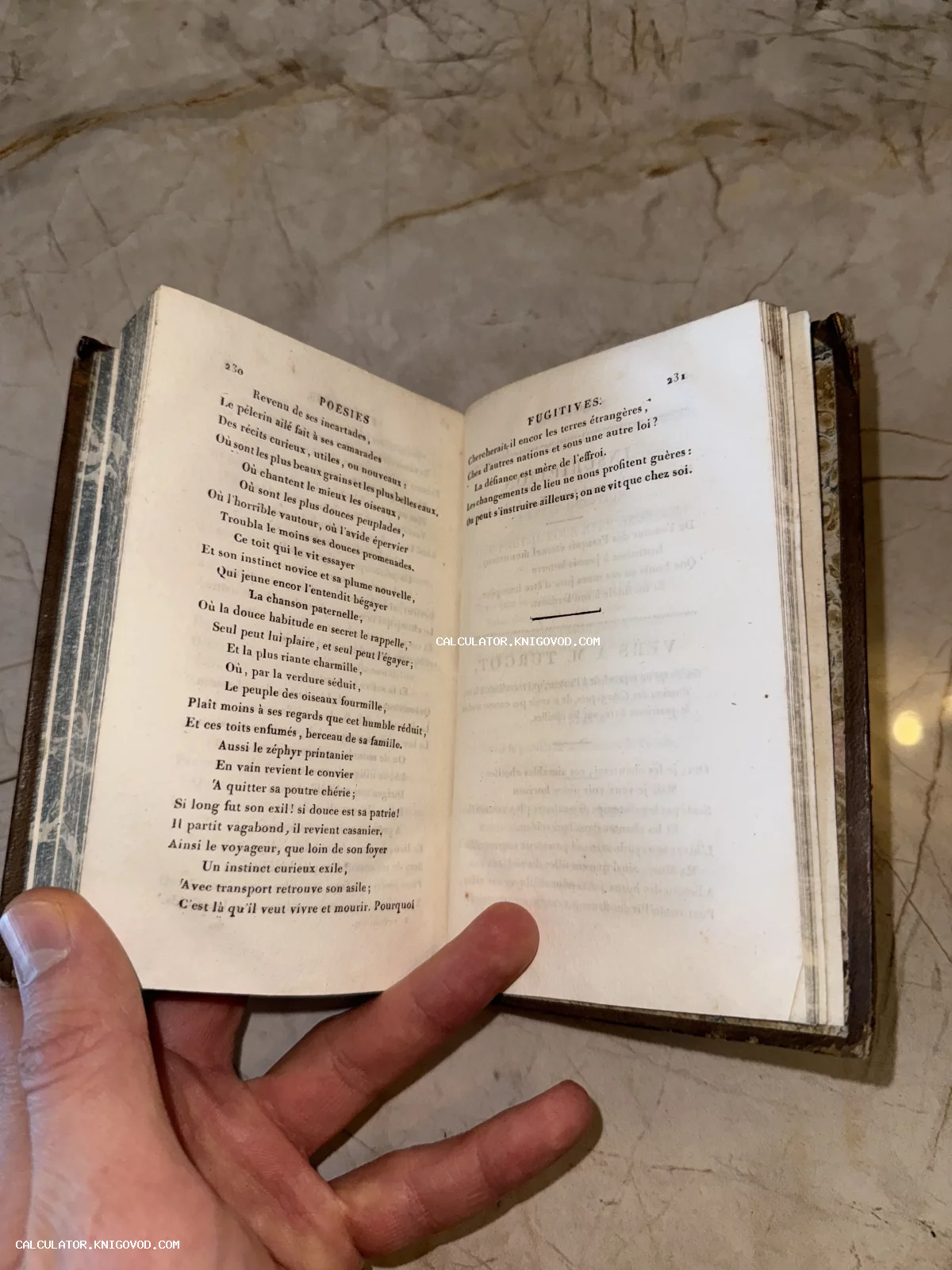 Раскрытая антикварная книга малого формата со стихотворениями на французском языке, страницы с заголовками Poesies и Fugitives.