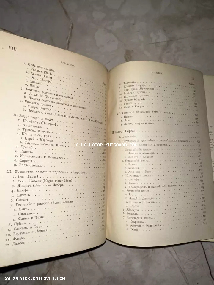Разворот старинной книги с оглавлением на дореволюционном русском языке, посвященным греческим и римским богам.