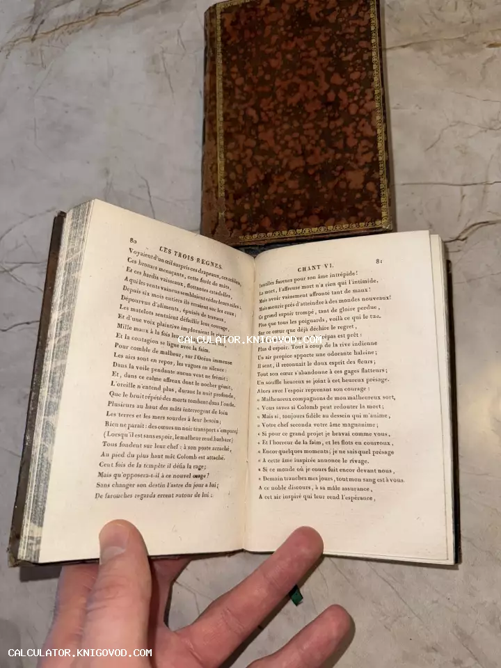 Разворот старинной книги на французском языке с поэмой Les Trois Regnes и фрагмент кожаного переплета с мраморным узором.
