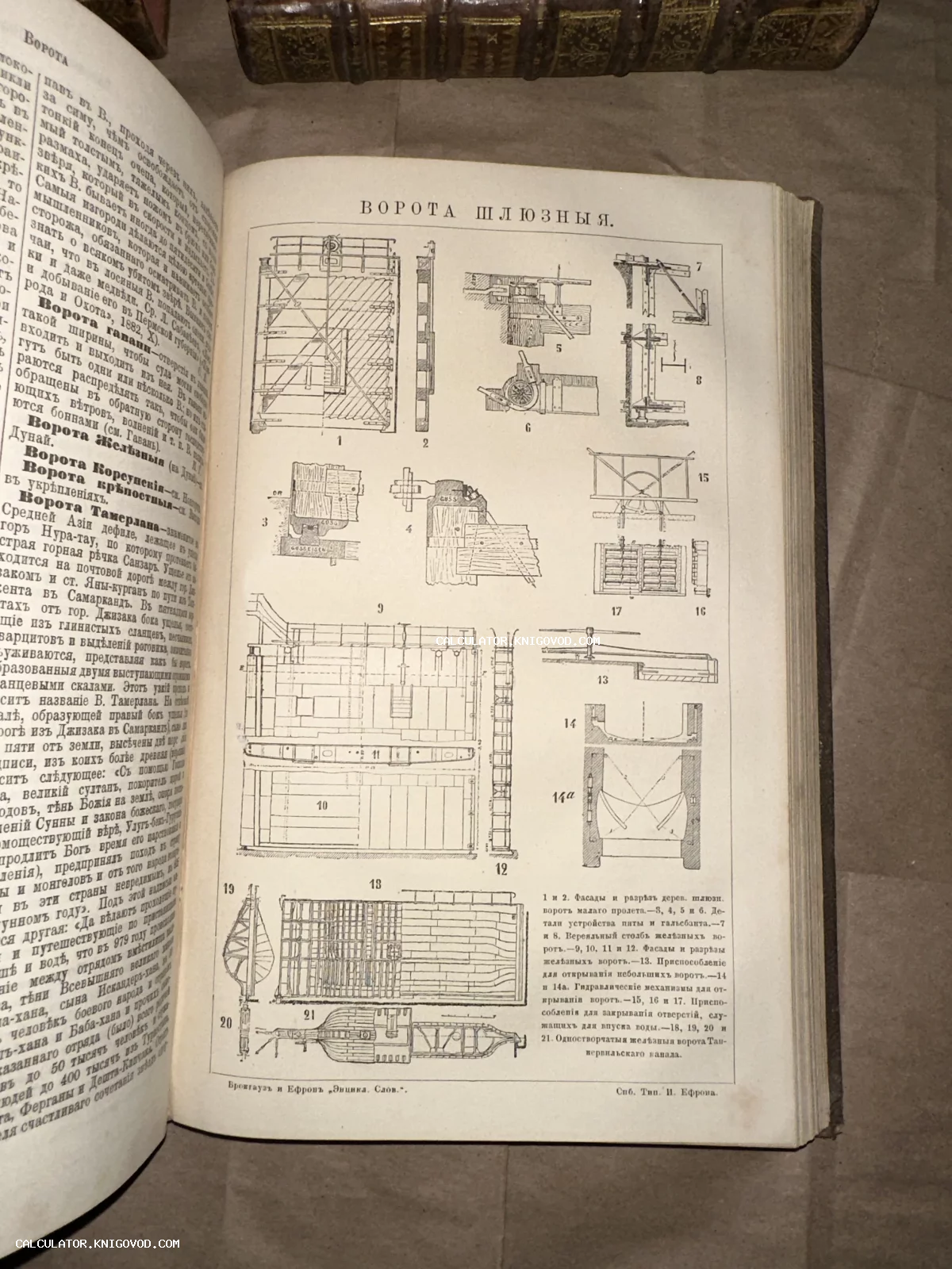 Разворот антикварной книги со статьей и детальными схемами шлюзных ворот на дореволюционном русском языке.