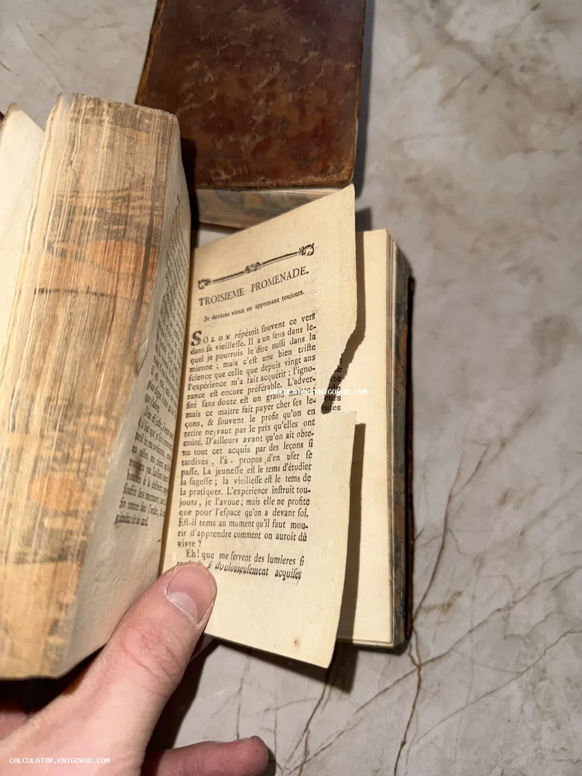 Раскрытая антикварная книга на французском языке с видимым текстом и следами времени на бумаге.