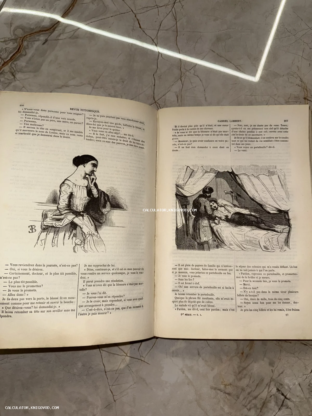 Разворот старинной книги на французском языке с двумя черно-белыми гравюрами, изображающими драматические сцены.