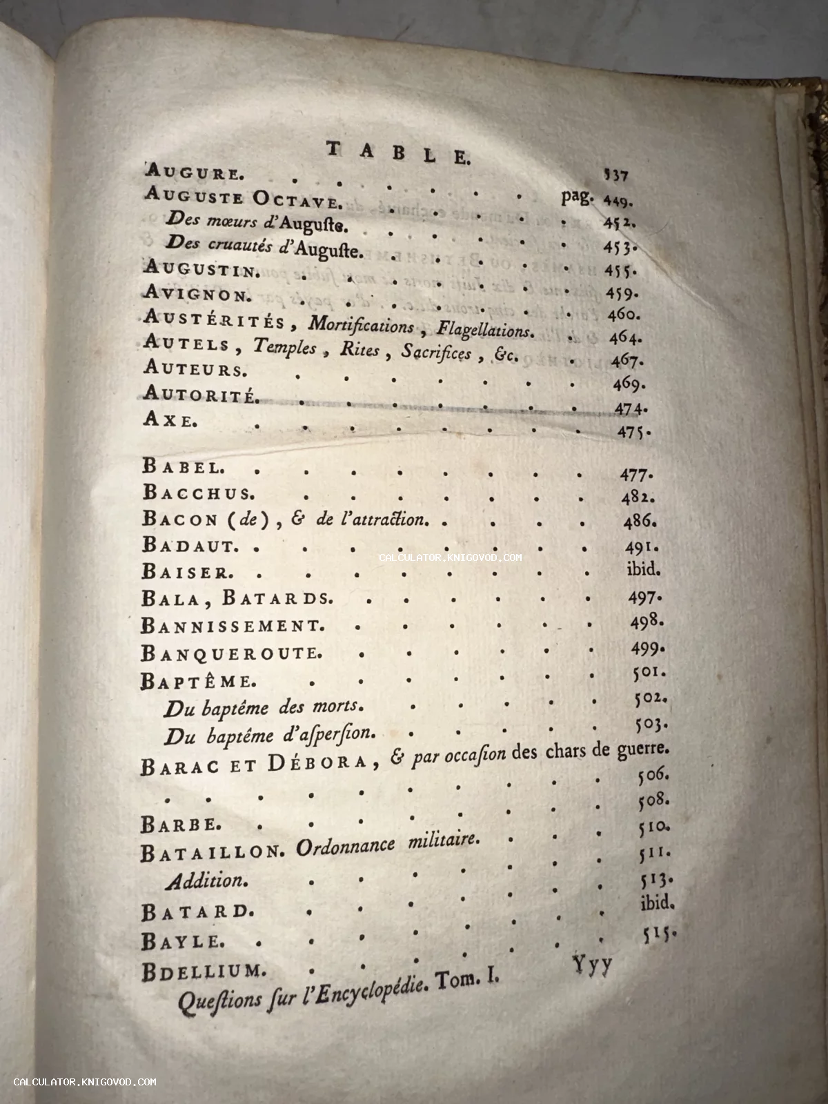 Старинная книжная страница с французским текстом оглавления, заголовком Table и подписью Questions sur l'Encyclopédie.