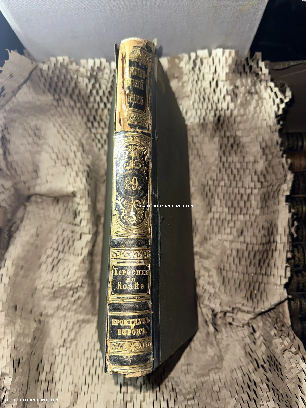 Старинный кожаный корешок 29-го тома энциклопедического словаря Брокгауза и Ефрона с золотым тиснением.