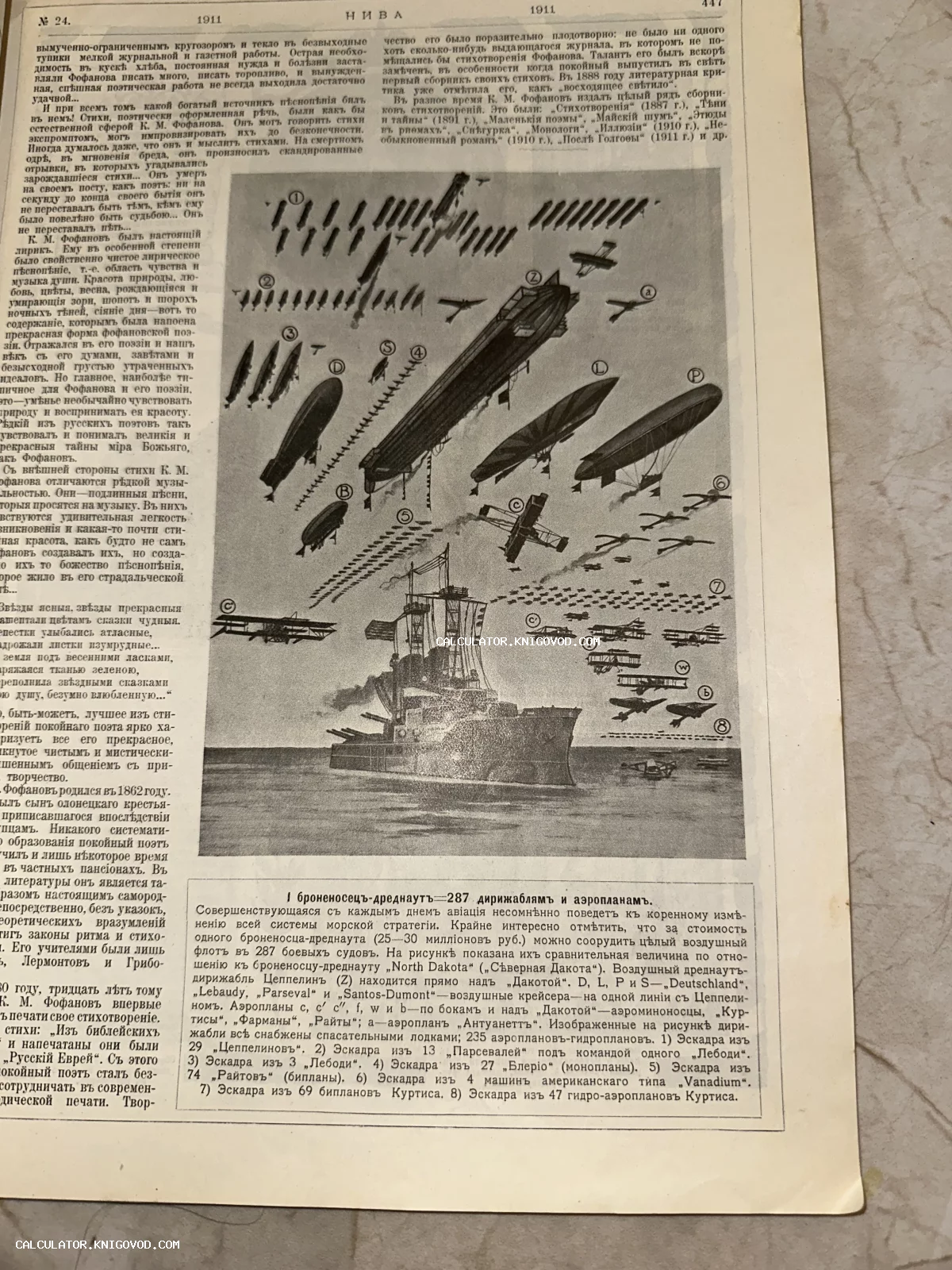 Страница антикварного журнала Нива за 1911 год с иллюстрацией, сравнивающей один броненосец-дредноут с целой флотилией дирижаблей и аэропланов.