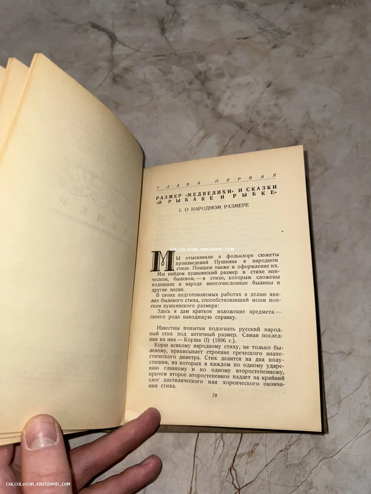 Разворот старинной книги с главой о народном размере в сказках Пушкина.