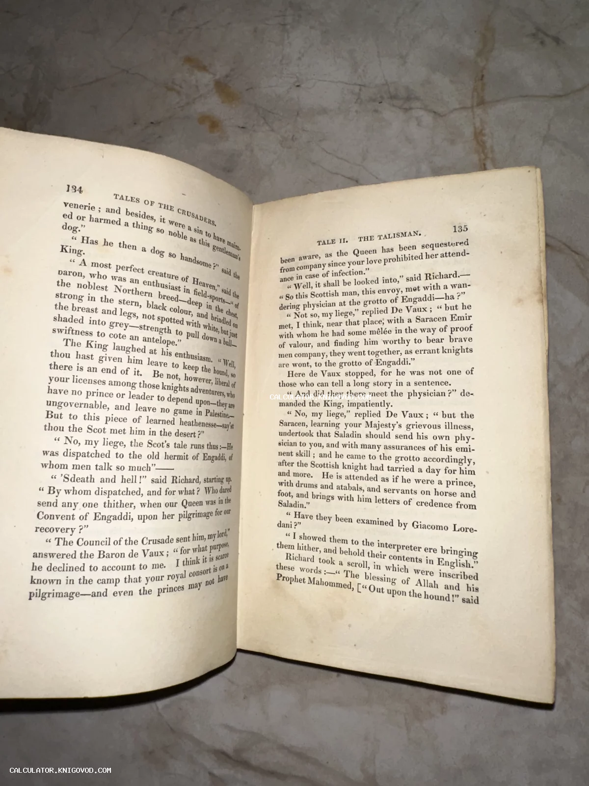 Разворот антикварной книги на английском языке, страницы 134 и 135, заголовок Tales of the Crusaders, The Talisman.
