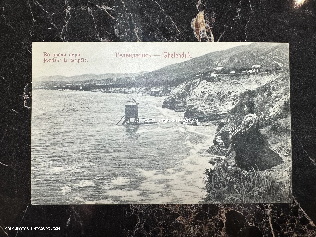Старинная черно-белая почтовая открытка с видом на море в Геленджике, женщиной на склоне и подписями на русском и французском языках.
