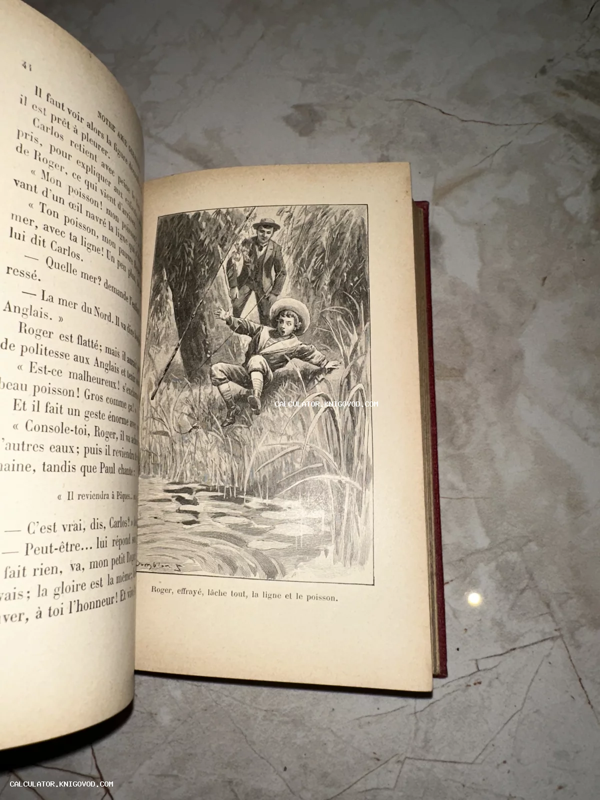 Разворот антикварной книги на французском языке с черно-белой иллюстрацией, изображающей мальчика, который испугался и падает на берегу реки во время рыбалки.