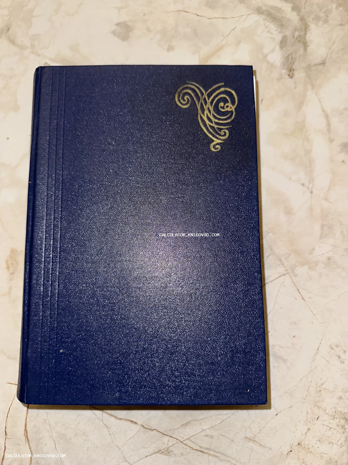 Темно-синяя книга с золотистой виньеткой в верхнем углу на светлой мраморной поверхности