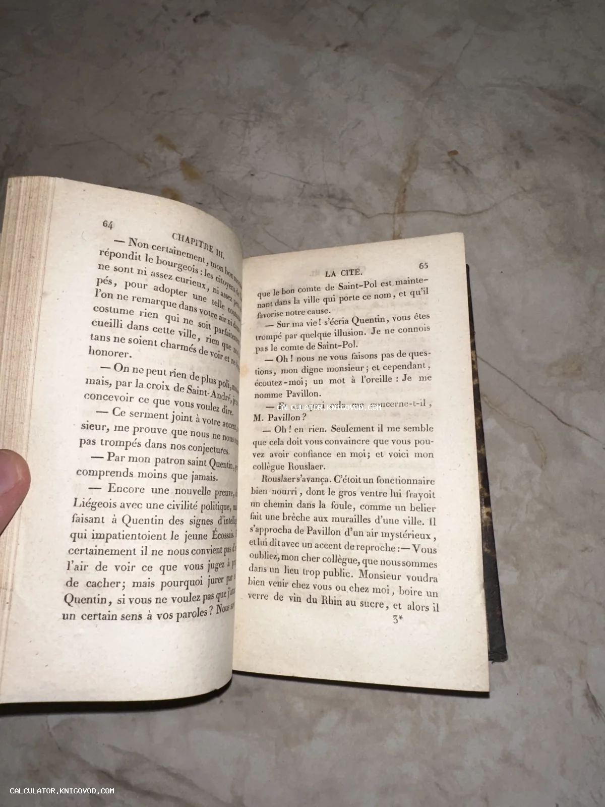 Разворот старинной книги на французском языке с пожелтевшими страницами и классической типографикой.