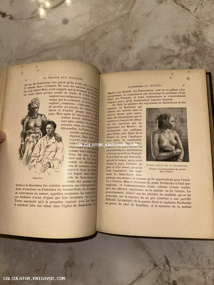 Разворот старинной книги на французском языке с гравюрами, изображающими представителей народа волоф.