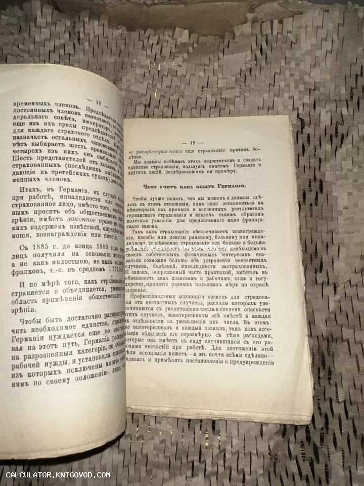 Разворот антикварной книги с текстом на дореформенном русском языке, страницы 18 и 19.