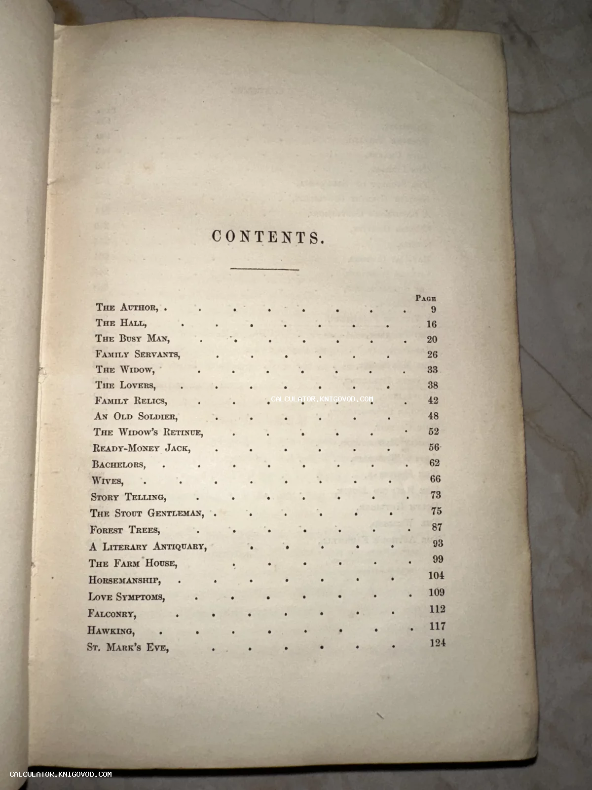 Страница с оглавлением старинной книги на английском языке, напечатанная классическим шрифтом на пожелтевшей бумаге.