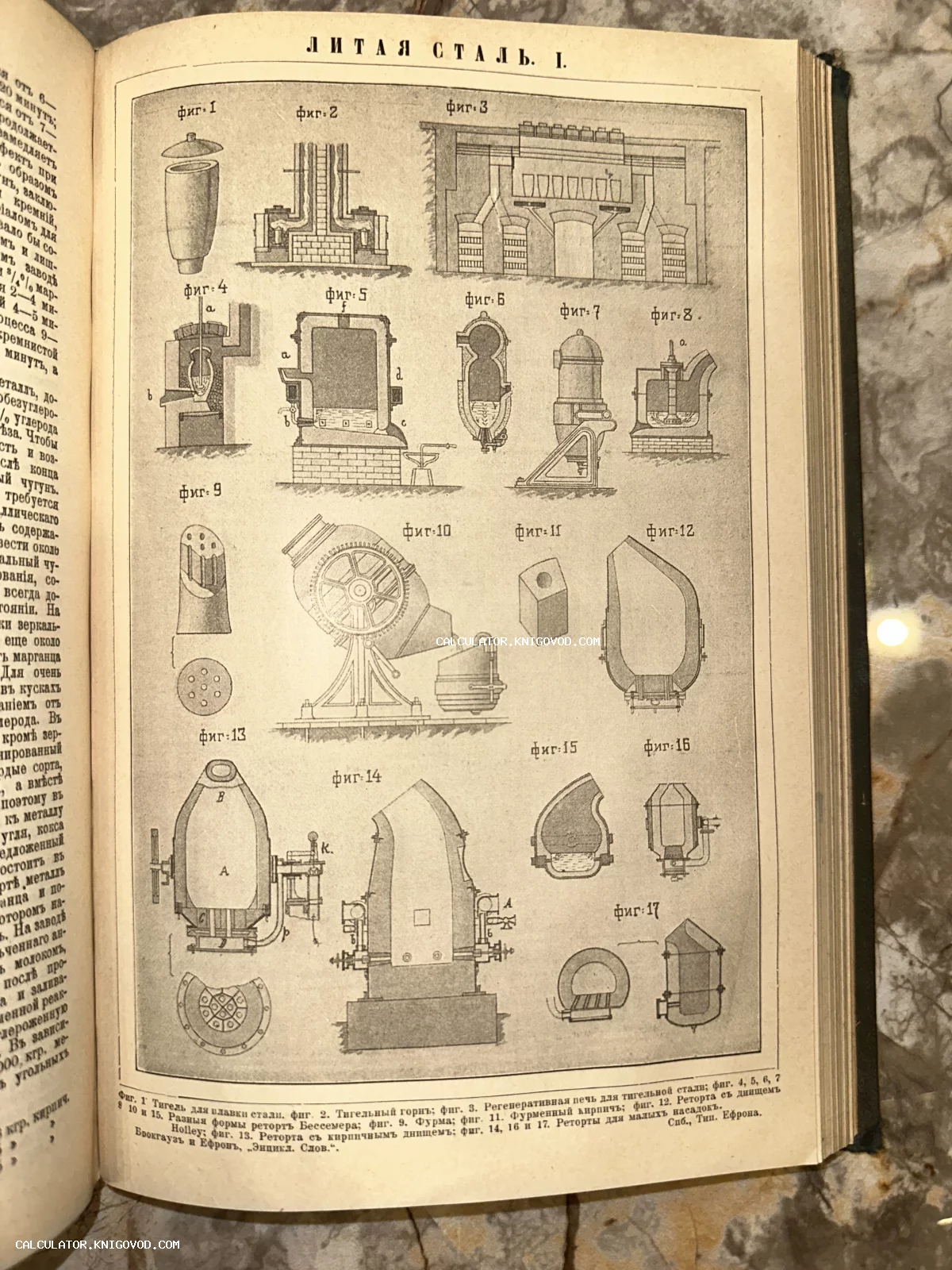 Страница из антикварного энциклопедического словаря Брокгауза и Ефрона с чертежами печей и оборудования для литья стали.