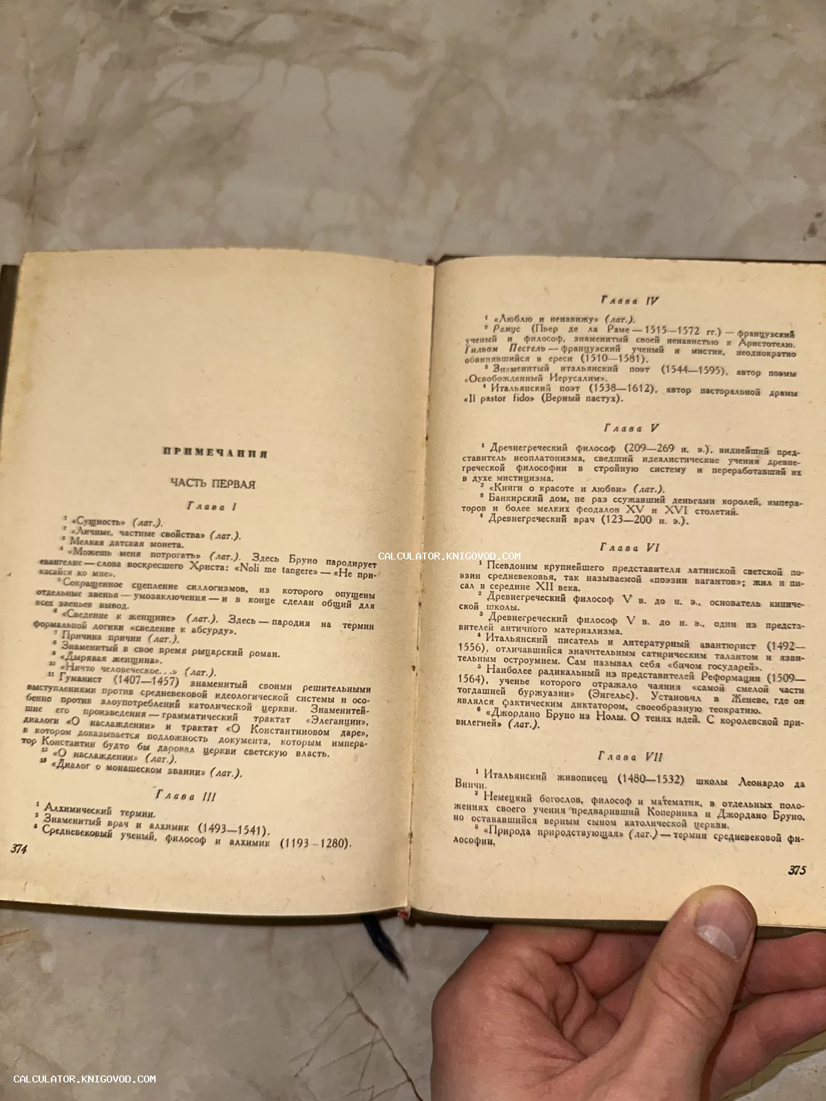 Разворот старой книги на русском языке с заголовком «Примечания». Виден печатный текст с комментариями о философах и художниках Возрождения на пожелтевшей бумаге.