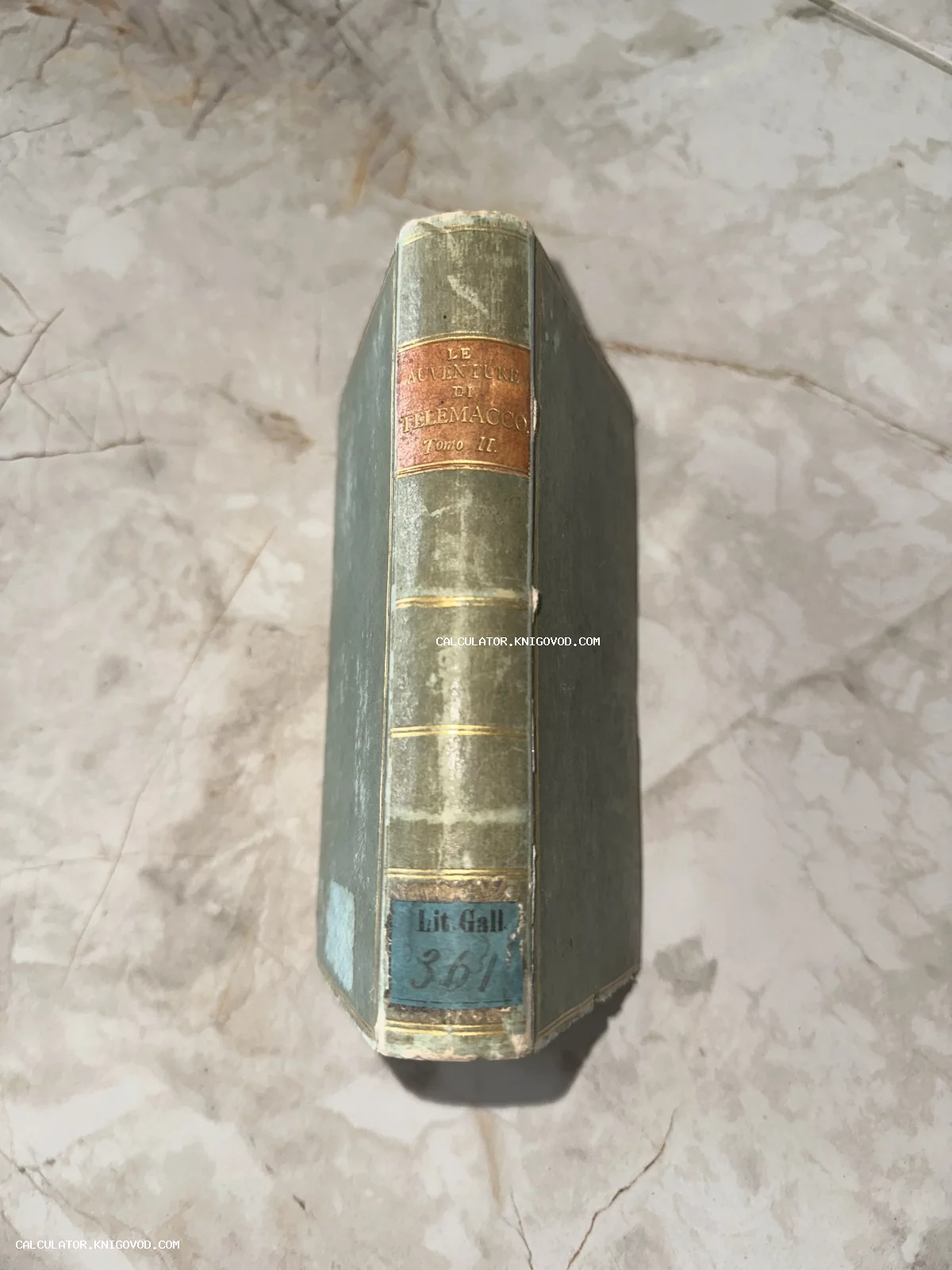 Корешок старинной книги Le Avventure di Telemacco с золотым тиснением и библиотечным ярлыком на мраморном фоне.