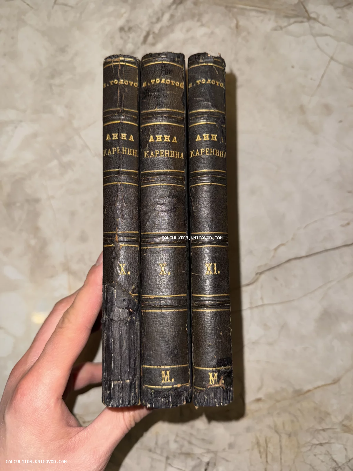 Три старинных тома романа Льва Толстого «Анна Каренина» в темных кожаных переплетах с золотым тиснением на корешках.