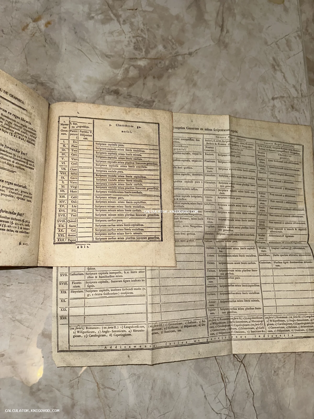 Разворот старинной книги с таблицами на латинском языке, описывающими типы шрифтов и письма.