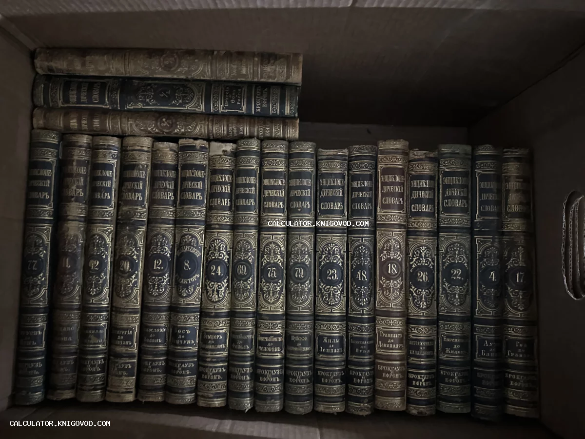 Ряд старинных томов Энциклопедического словаря Брокгауза и Ефрона с золотым тиснением на корешках, лежащих в коробке.