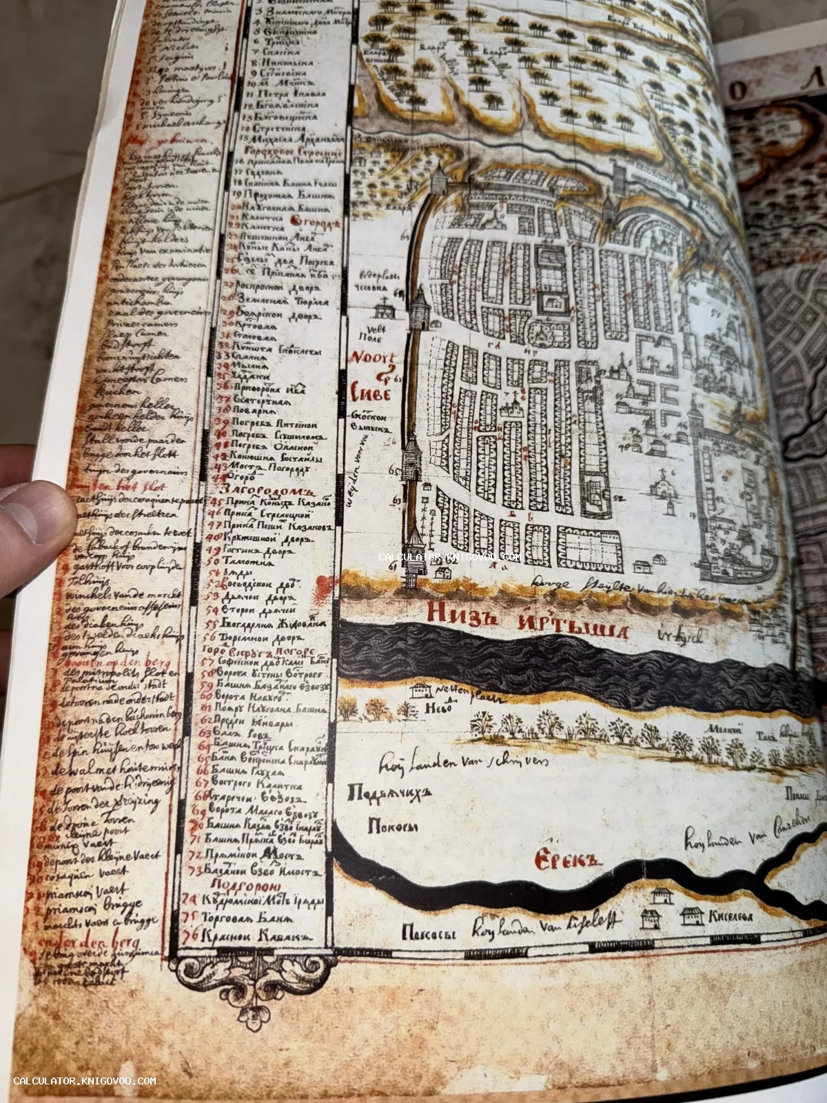 Разворот старинного атласа с детализированной картой города, списком объектов на кириллице и латыни, и изображением реки Иртыш.