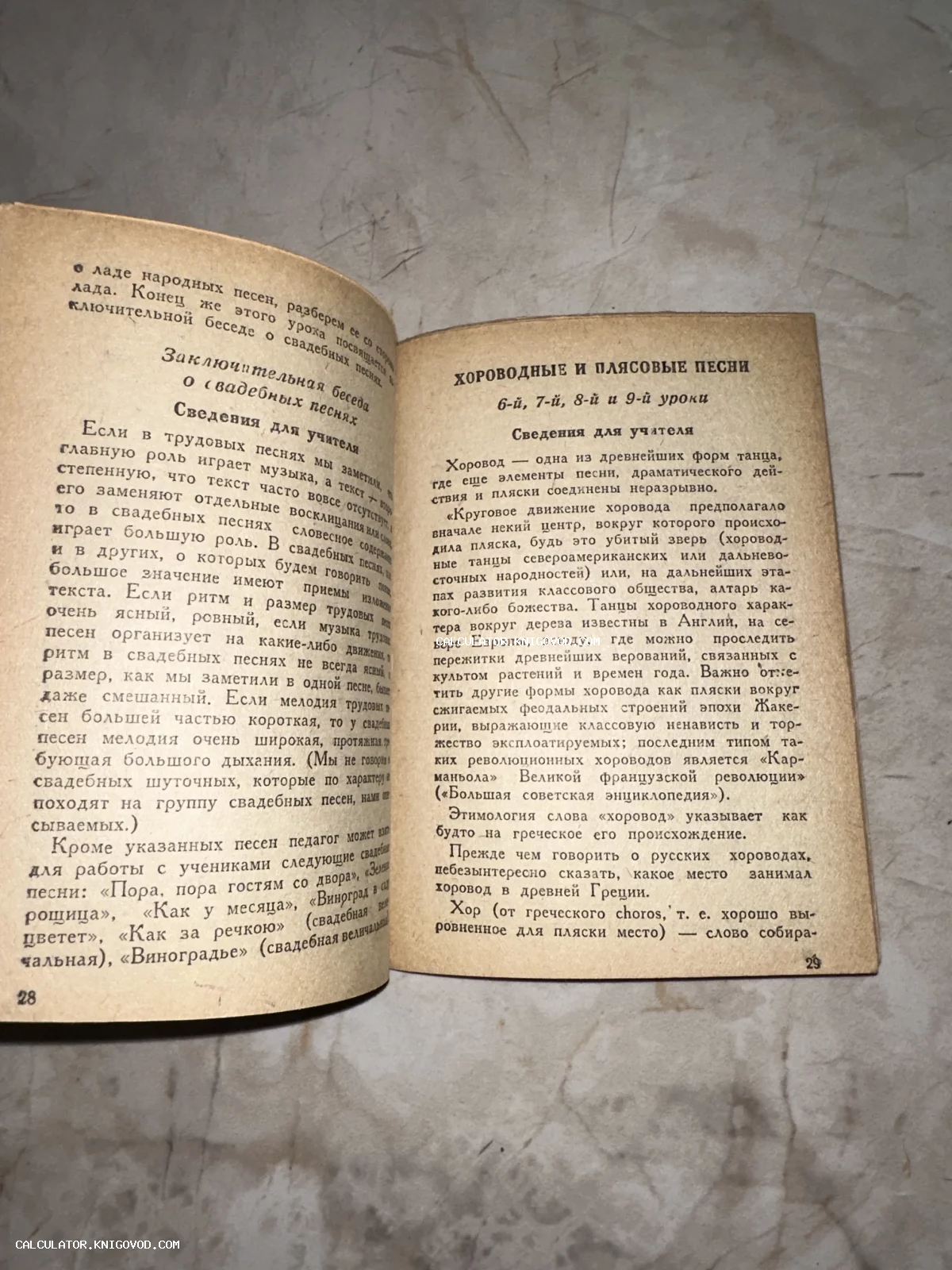 Разворот старой книги со страницами 28 и 29, содержащий текст о свадебных, хороводных и плясовых песнях.