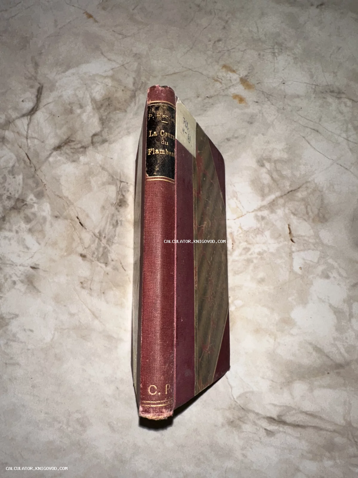 Корешок и фрагмент обложки старинной французской книги с золотым тиснением на мраморном фоне