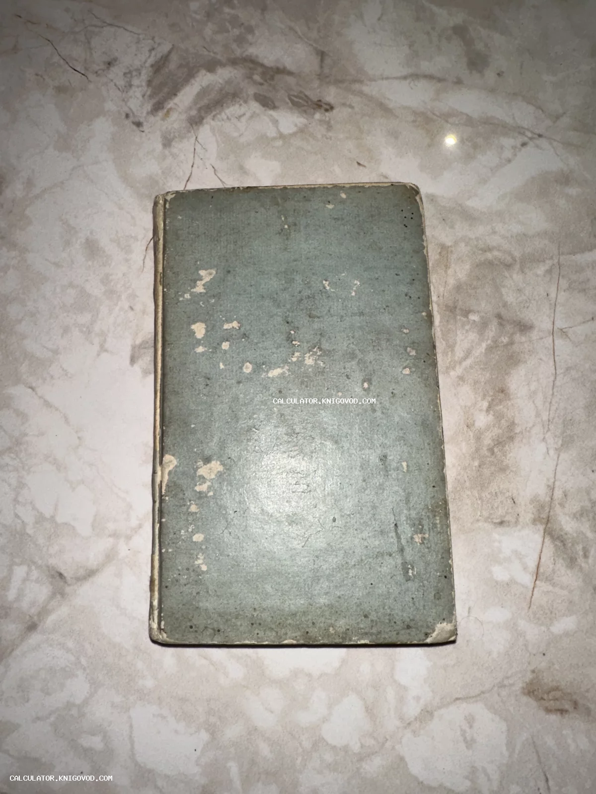 Вид сверху на антикварную книгу в потертой серо-голубой обложке, лежащую на мраморной поверхности.
