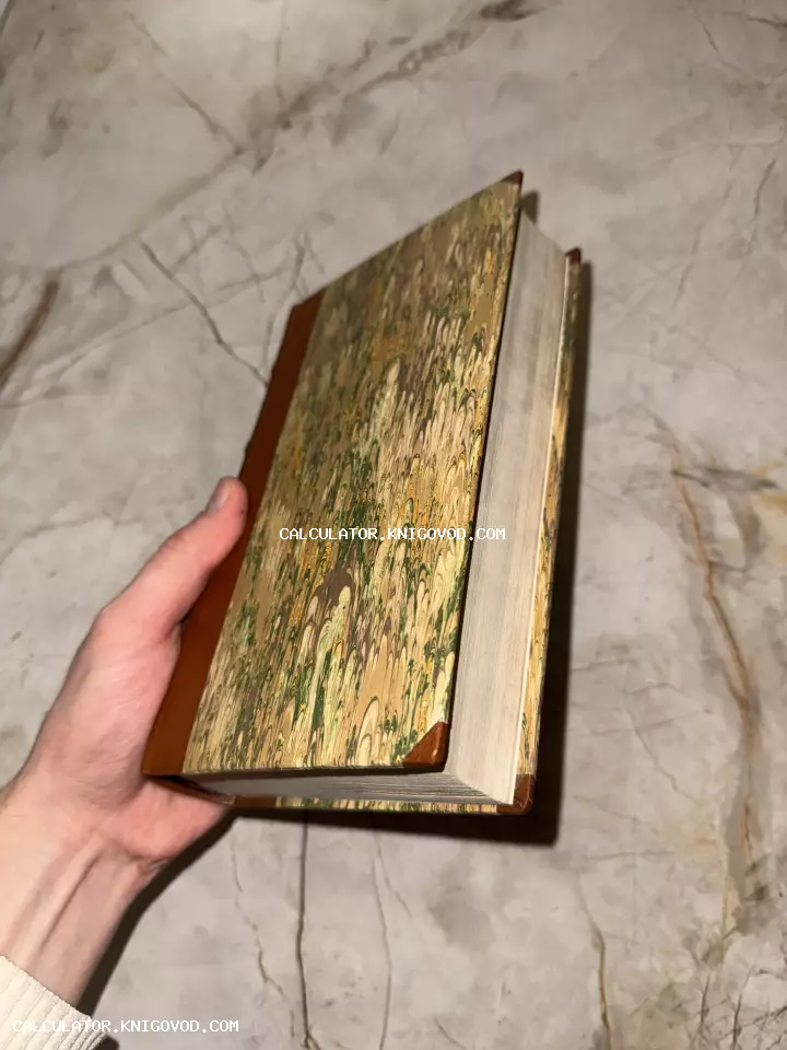 Антикварная книга с обложкой из мраморной бумаги и кожаными вставками в руке на светлом фоне.