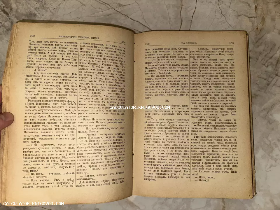 Разворот антикварной книги с текстом на дореволюционном русском языке, пожелтевшие страницы с колонками текста.