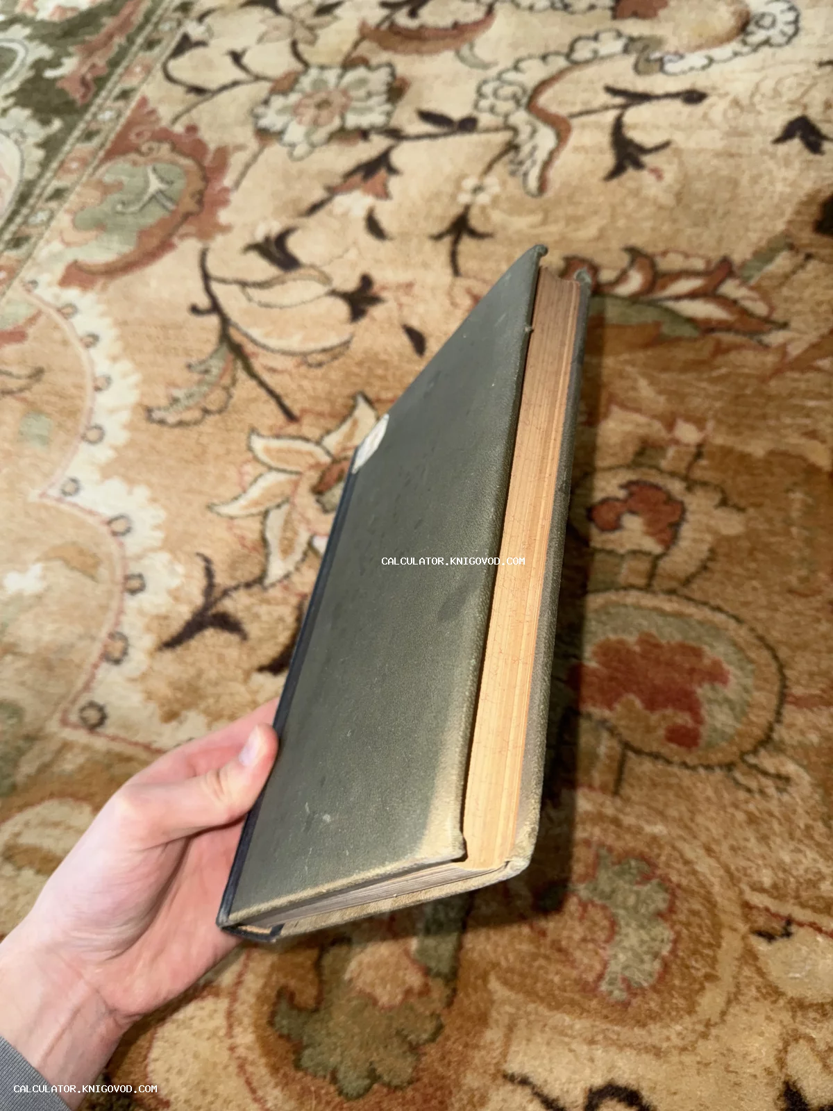 Старинная книга с пожелтевшим обрезом страниц в руке на фоне узорчатого ковра