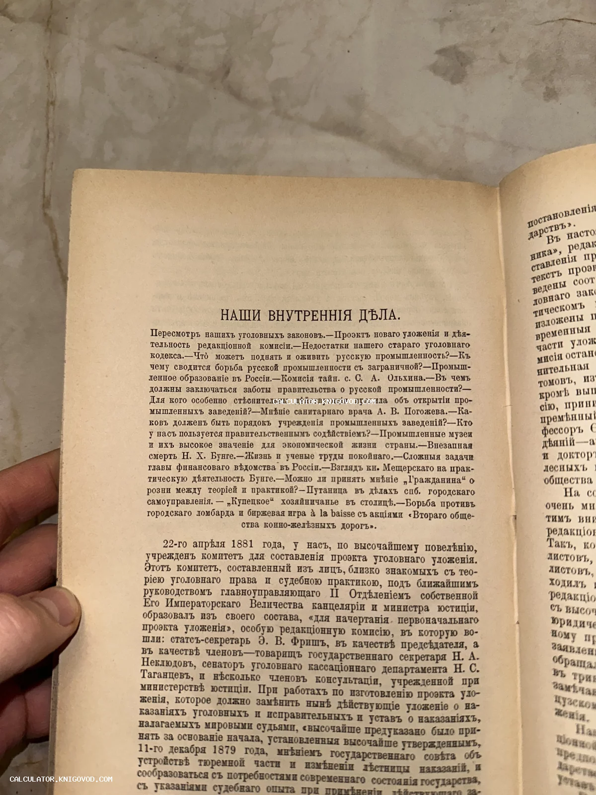 Разворот старинной книги с текстом в дореволюционной орфографии и заголовком «Наши внутреннія дѣла».
