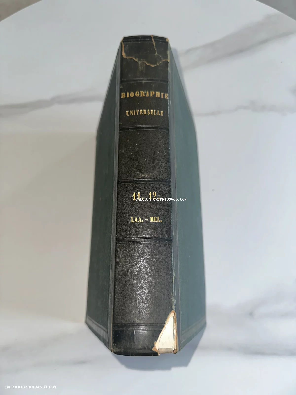 Корешок старинной книги Biographie Universelle с золотым тиснением на мраморном фоне