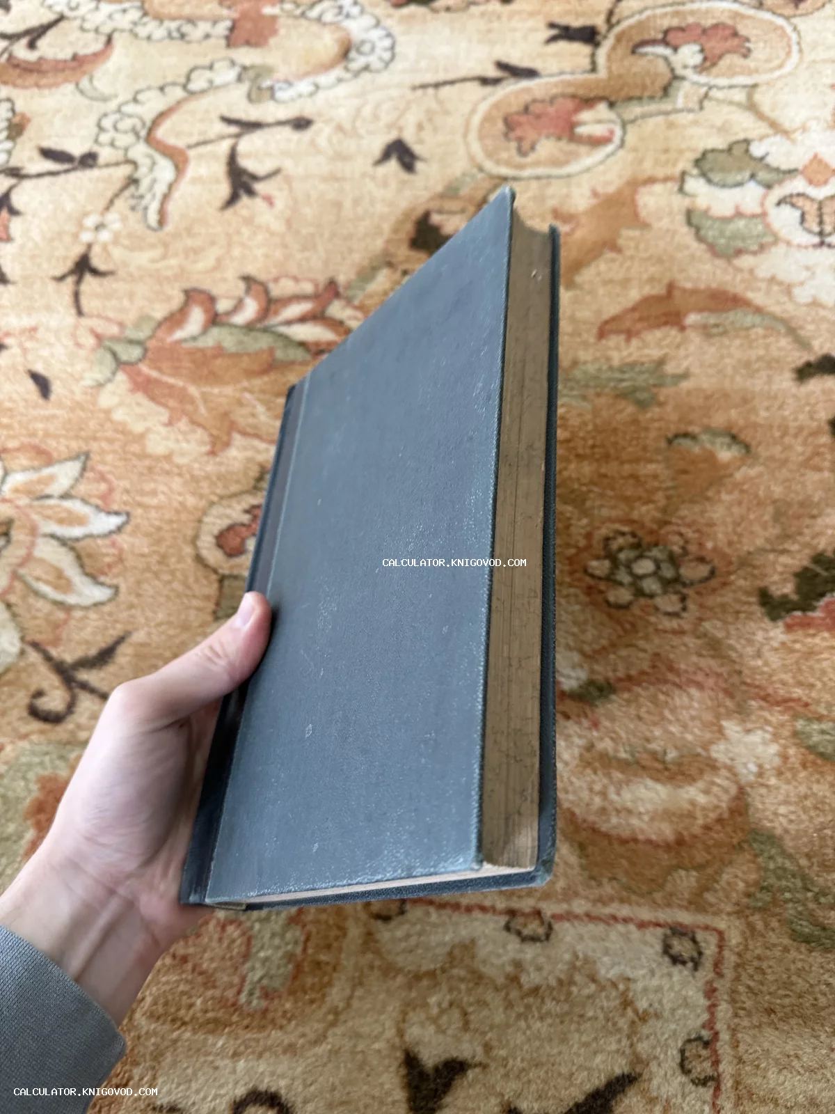 Рука держит старую книгу в темном тканевом переплете на фоне узорчатого ковра.