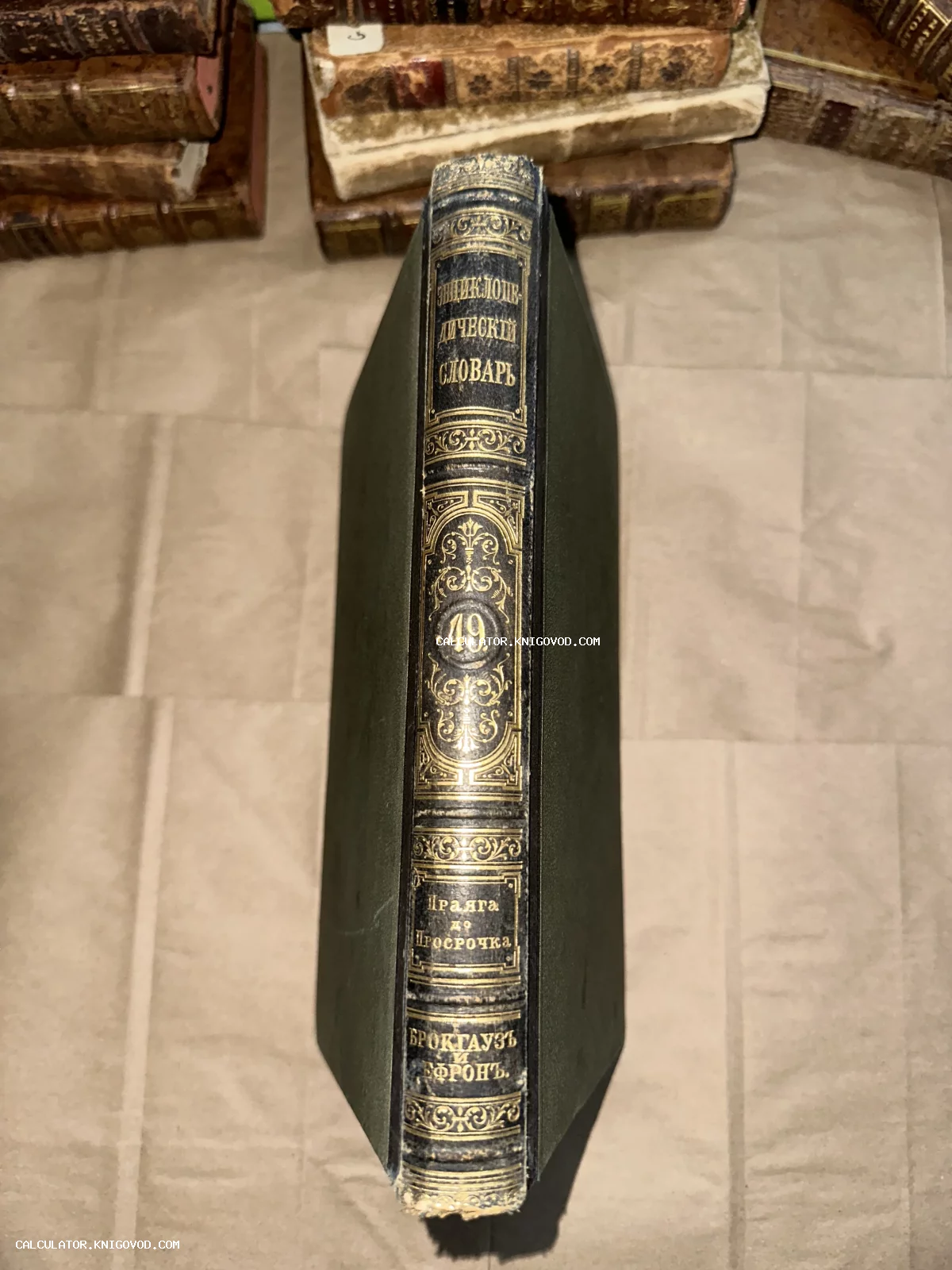 Вид сверху на корешок старинной книги Энциклопедический словарь Брокгауза и Ефрона с золотым тиснением