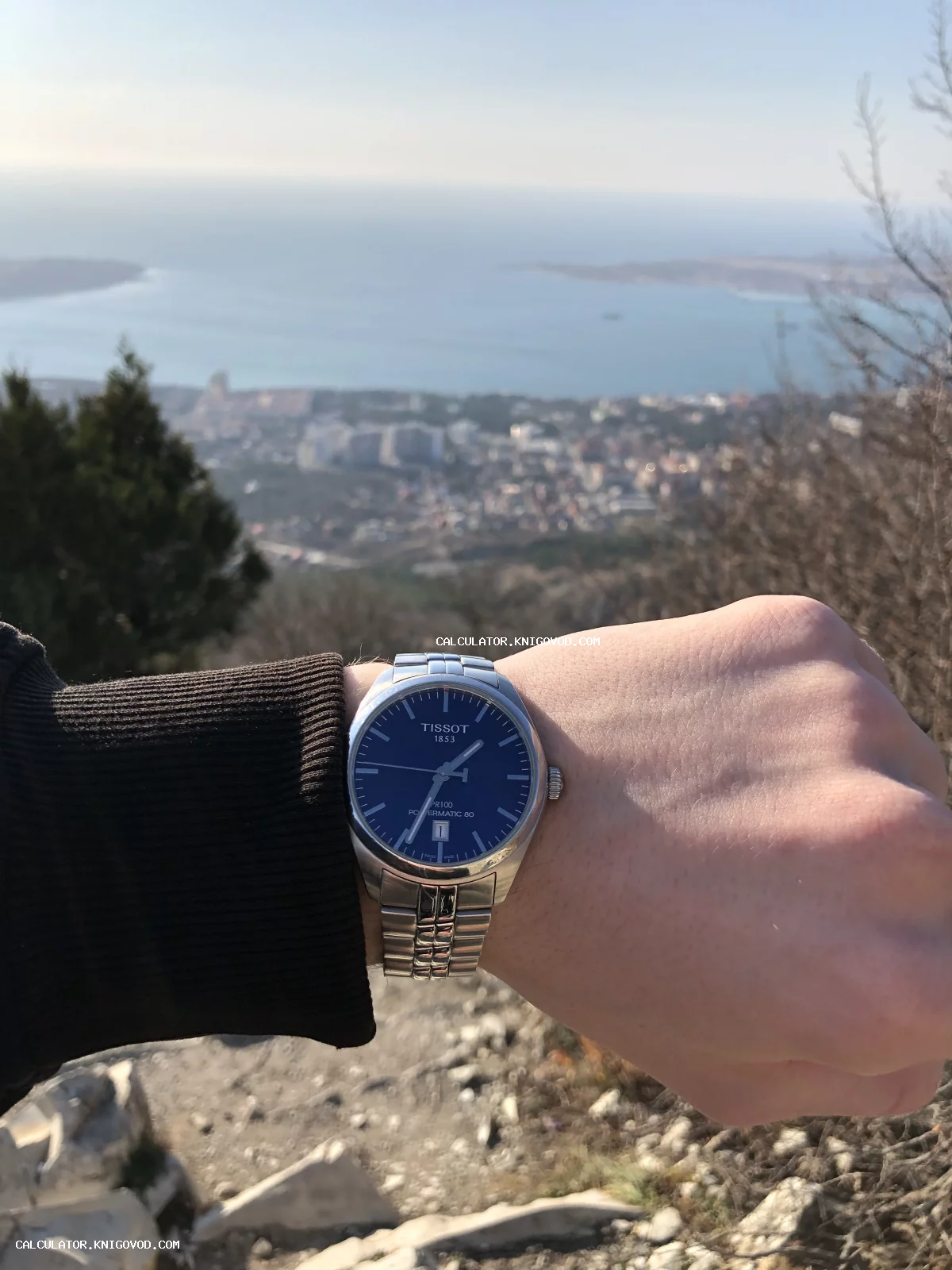 Мужские наручные часы Tissot с синим циферблатом на стальном браслете на фоне панорамы моря и города.