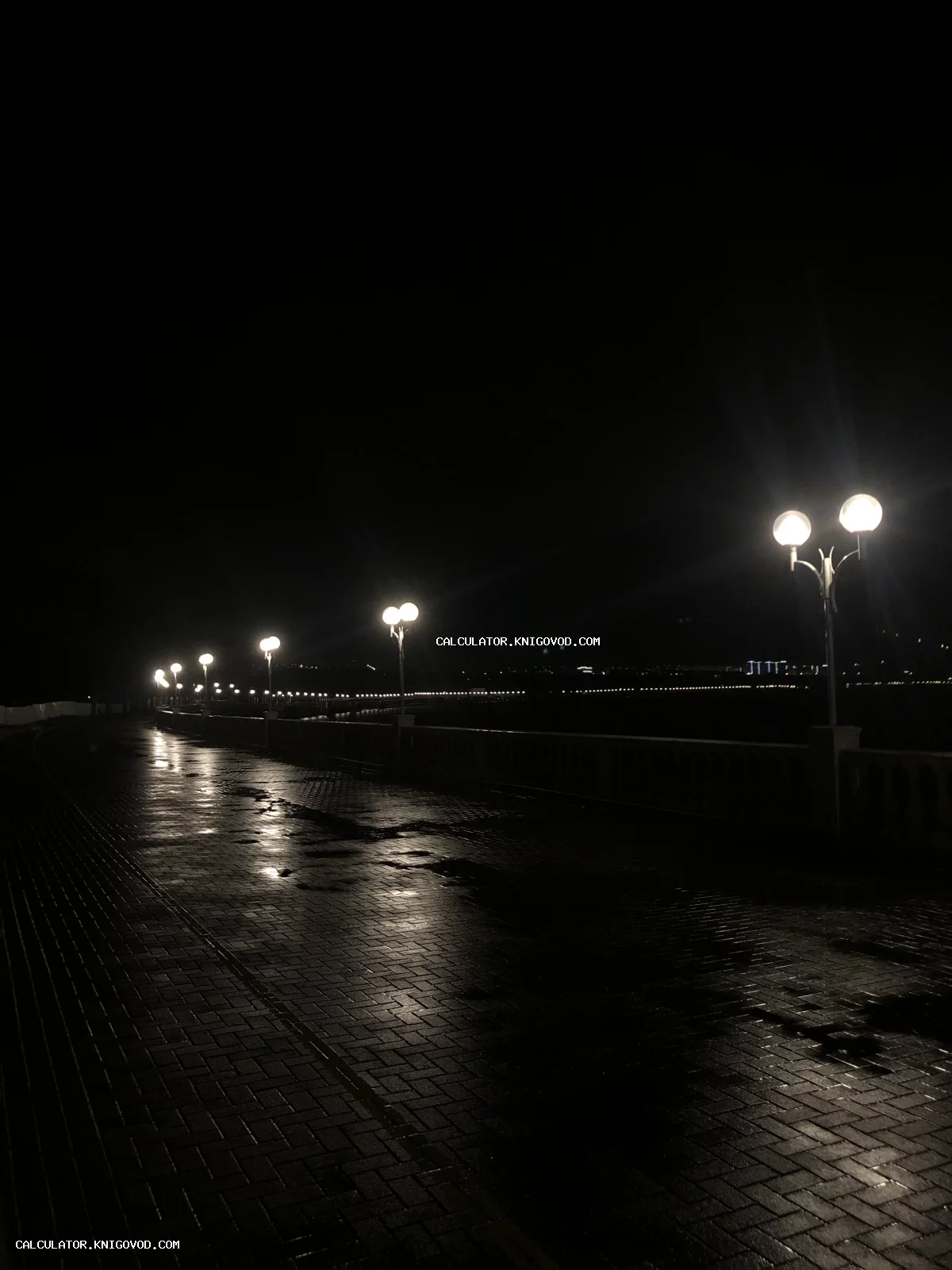 Пустынная набережная ночью с мокрой брусчаткой и светящимися круглыми фонарями