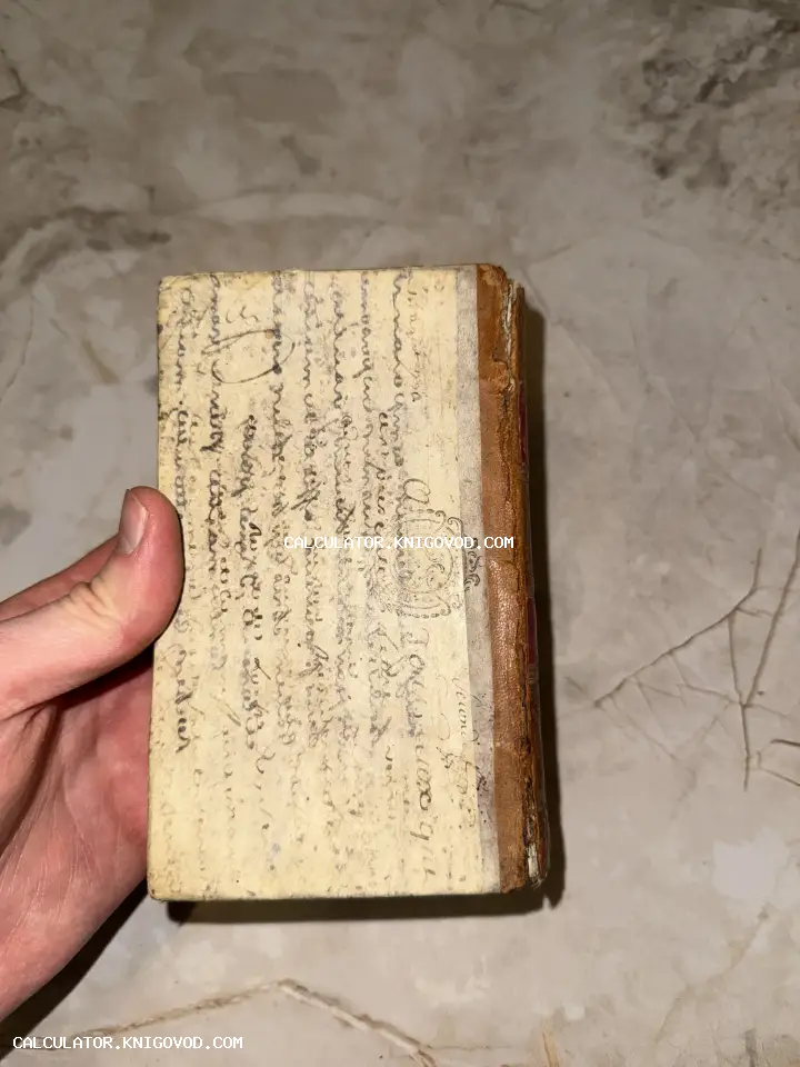 Старинная карманная книга с обложкой из фрагмента рукописи и кожаным корешком, которую держат в руке.