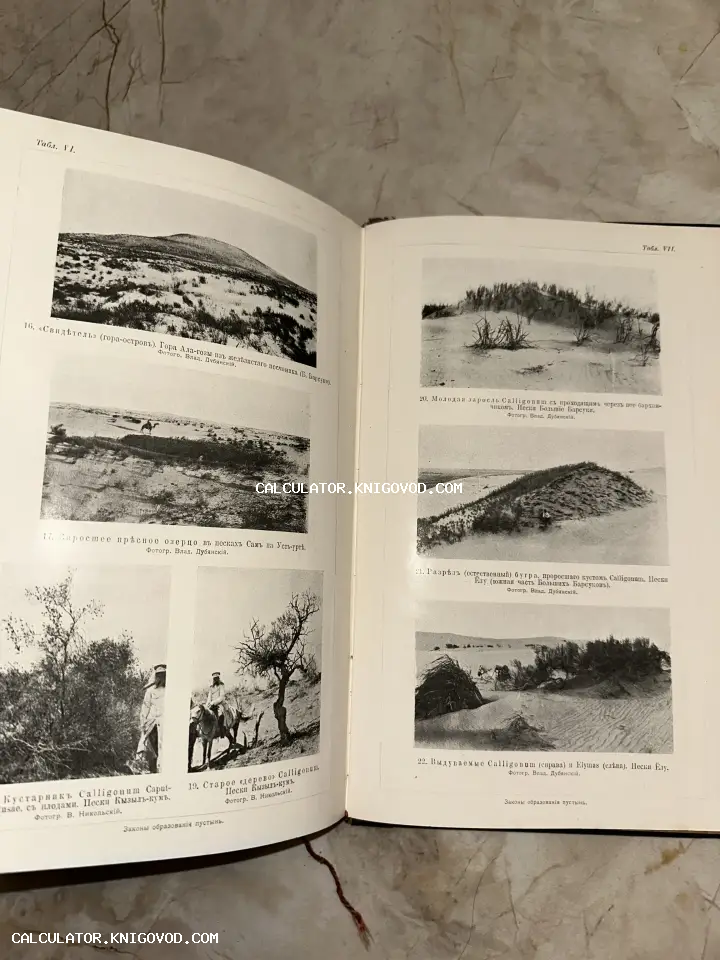 Разворот старинной книги с черно-белыми фотографиями пустынных пейзажей, барханов и участников экспедиции на лошадях.