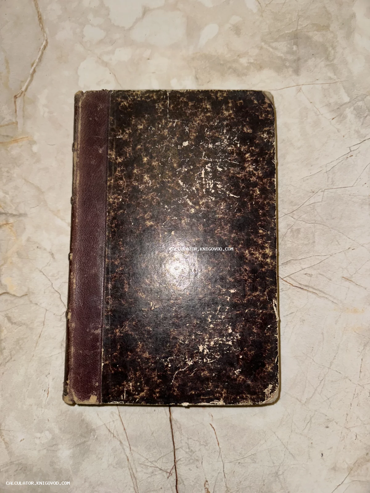 Вид сверху на старинную книгу с темной мраморированной обложкой и потертым кожаным корешком на светлом фоне.