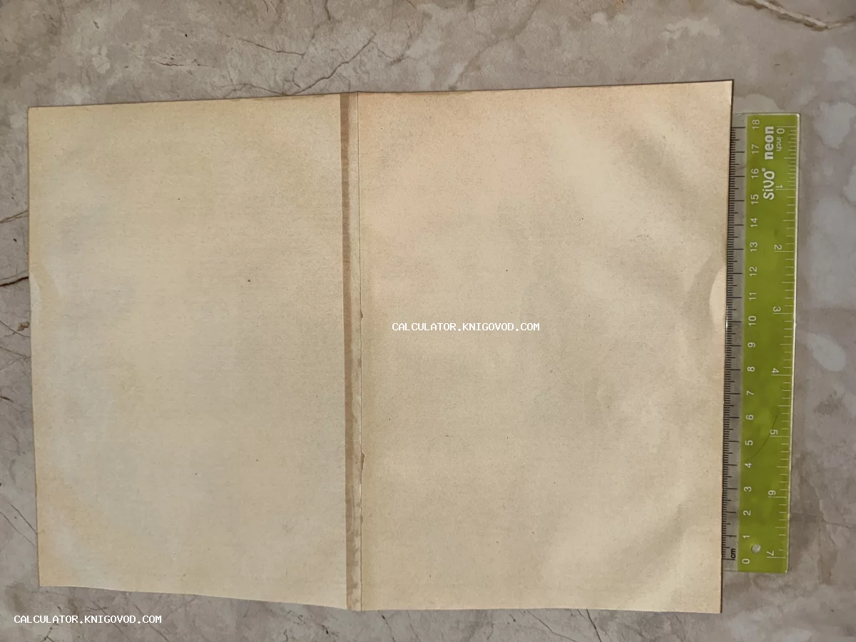 Разворот старой пожелтевшей бумаги с вертикальным сгибом посередине и зеленой линейкой для масштаба.