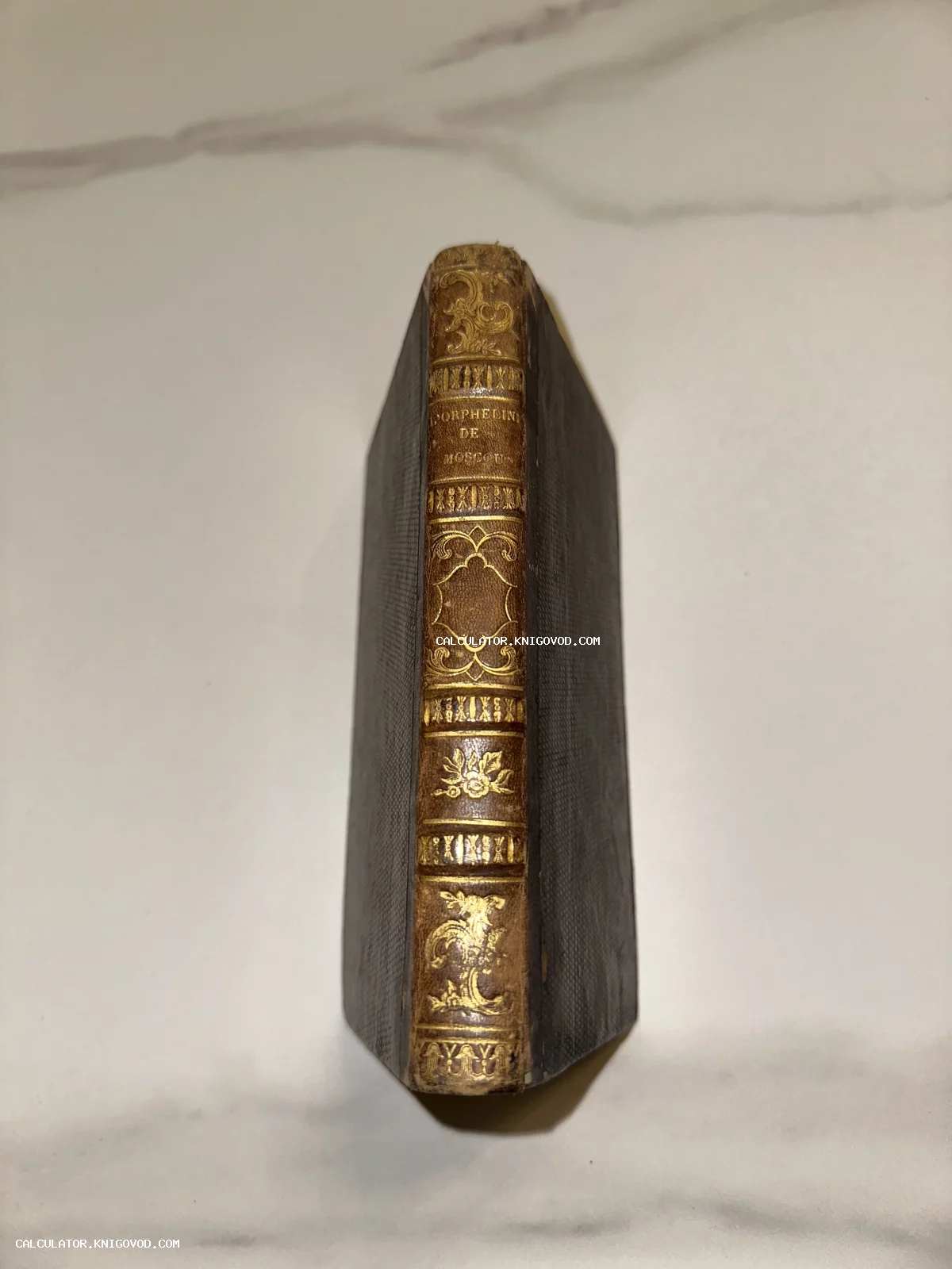 Корешок старинной книги с золотым растительным орнаментом и надписью L'Orphelin de Moscou на темном фоне.