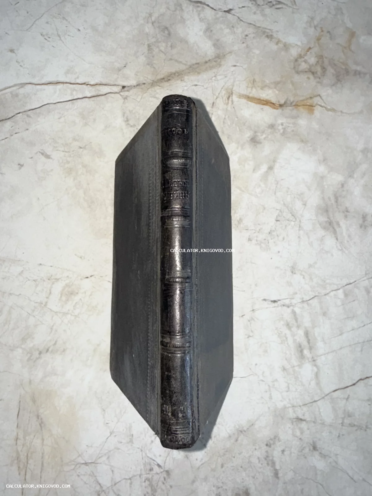 Корешок старинной книги в темном кожаном переплете с золотым тиснением на мраморном фоне.