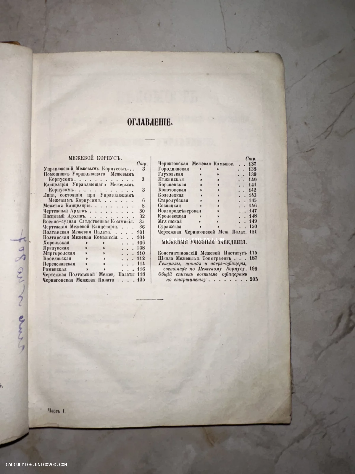 Страница оглавления антикварной книги XIX века со списком межевых комиссий и институтов.