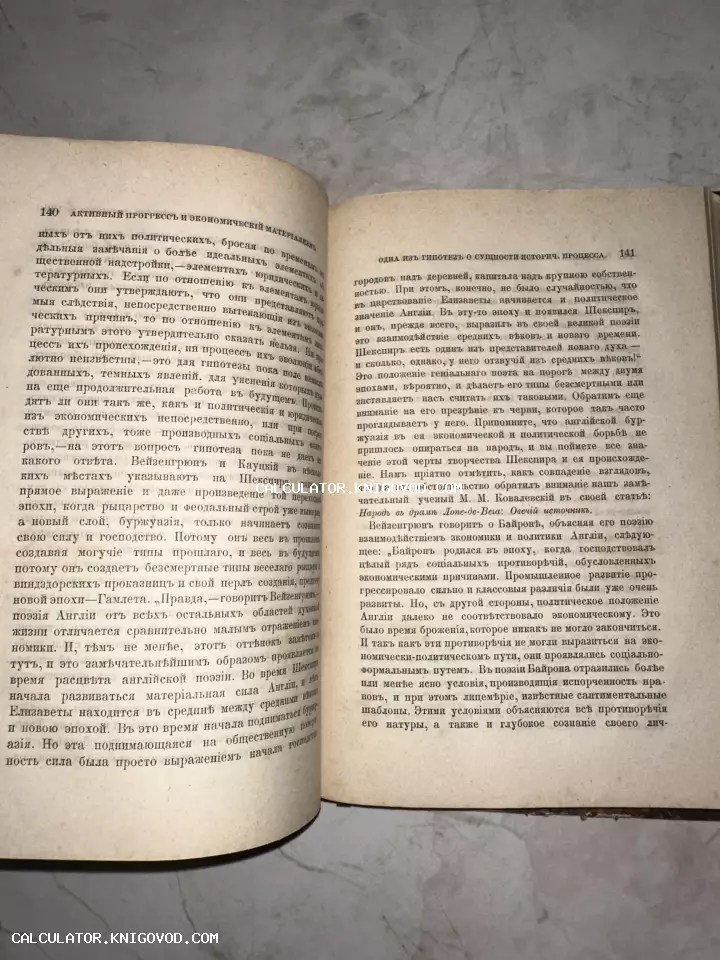 Разворот старой книги с текстом на дореволюционном русском языке, страницы 140 и 141, посвященные экономическому материализму и Шекспиру.