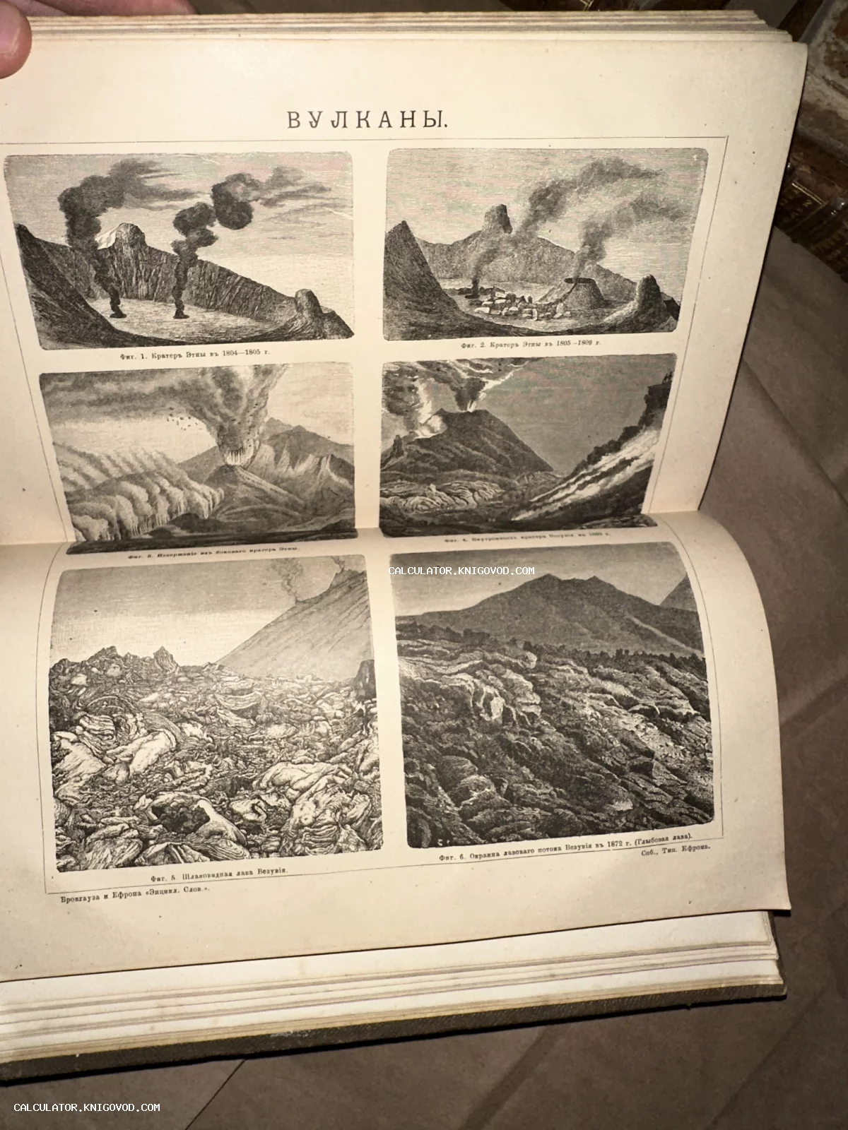 Разворот антикварной книги с заголовком ВУЛКАНЫ и шестью черно-белыми гравюрами, изображающими кратеры Этны и Везувия.
