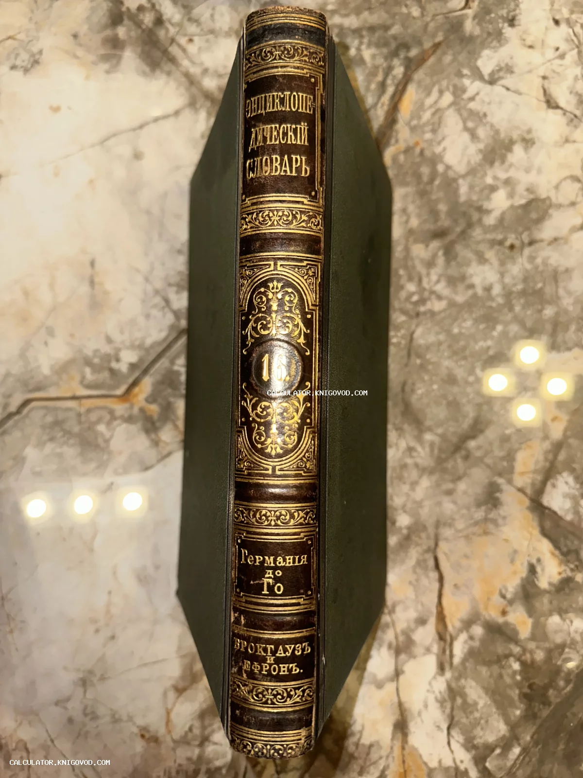 Корешок антикварной книги «Энциклопедический словарь Брокгауза и Ефрона» с золотым тиснением.