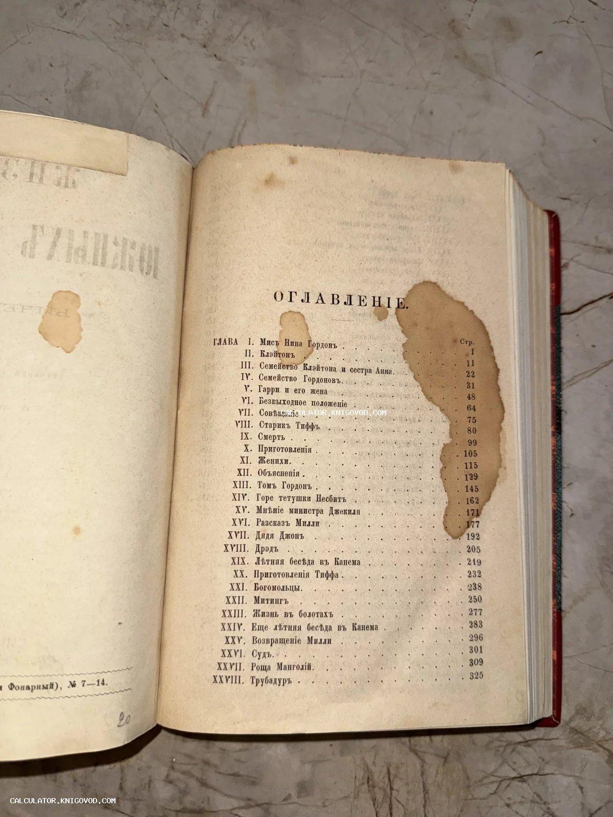 Страница оглавления старинной книги с дореволюционным шрифтом и характерными водяными пятнами на бумаге.